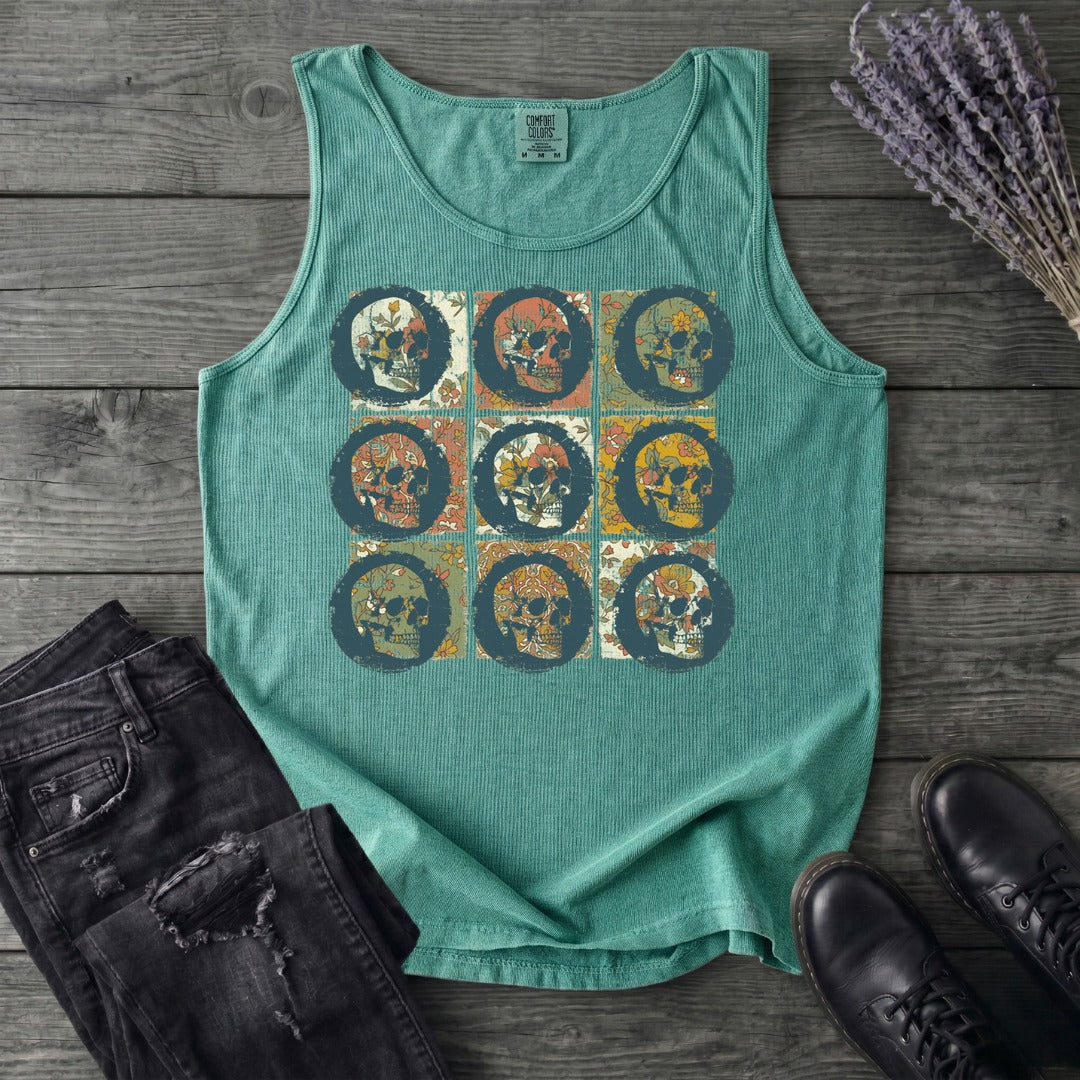 grunge skull floral grid Tank Top