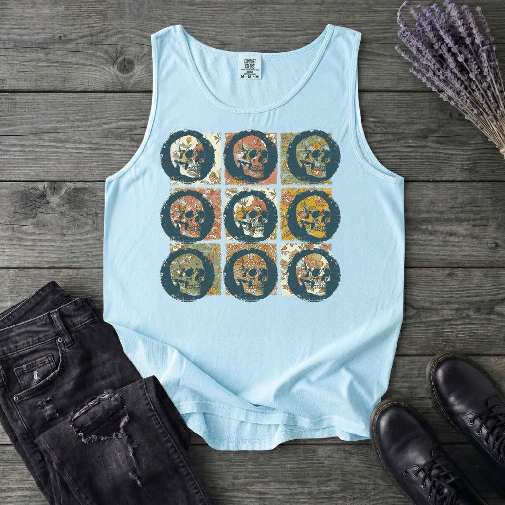 grunge skull floral grid Tank Top