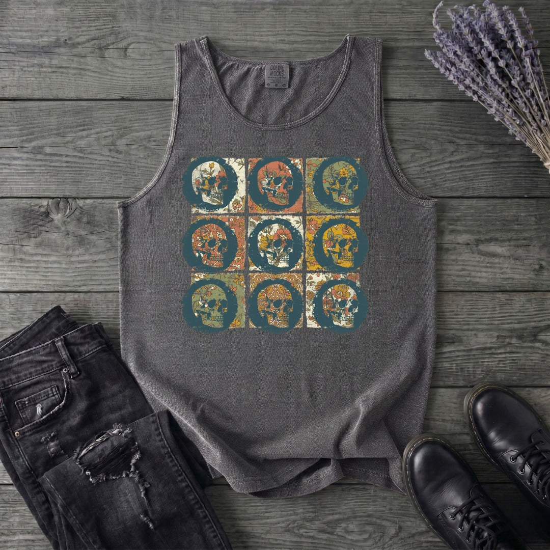 grunge skull floral grid Tank Top