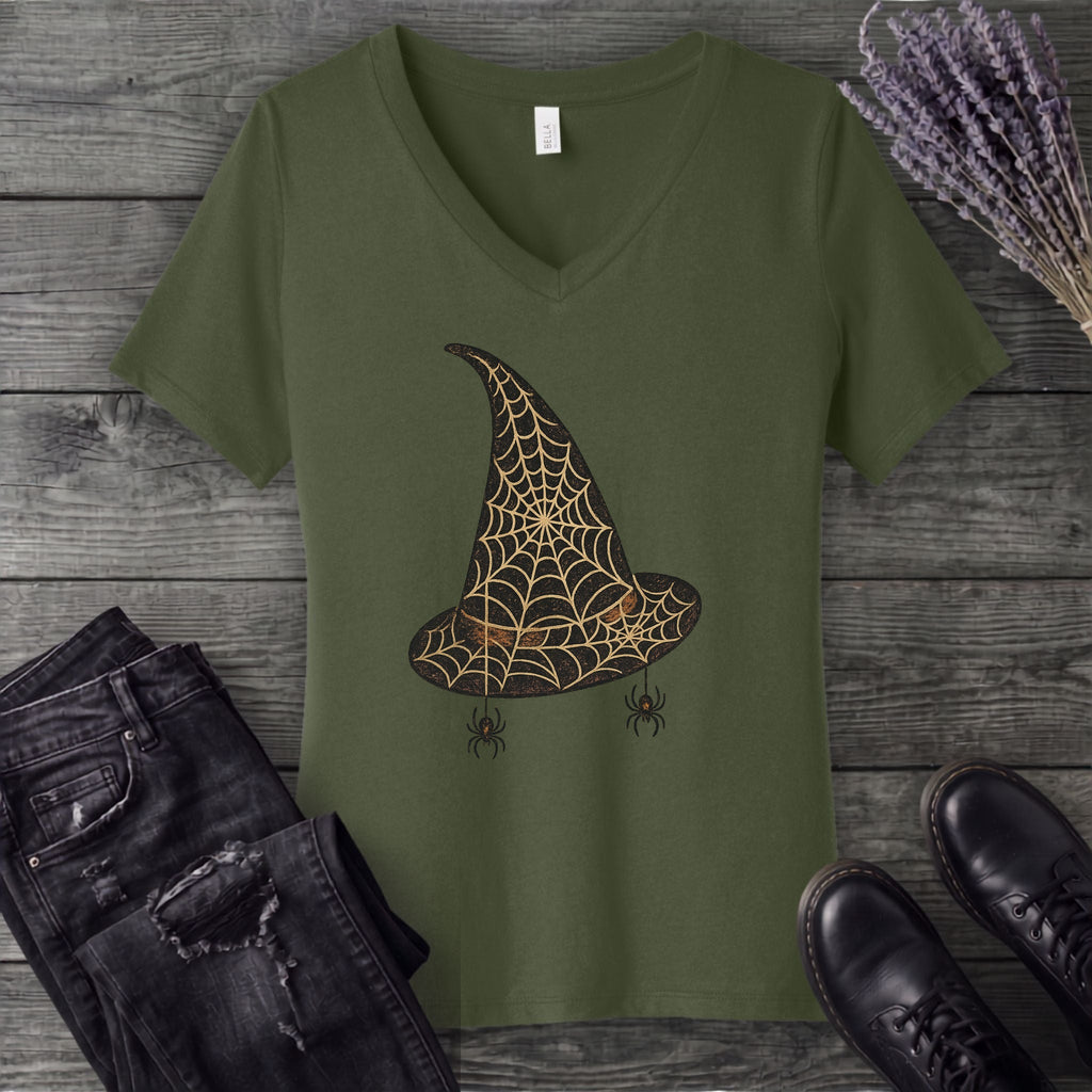 Spiderweb Witch Hat V-Neck T-Shirt