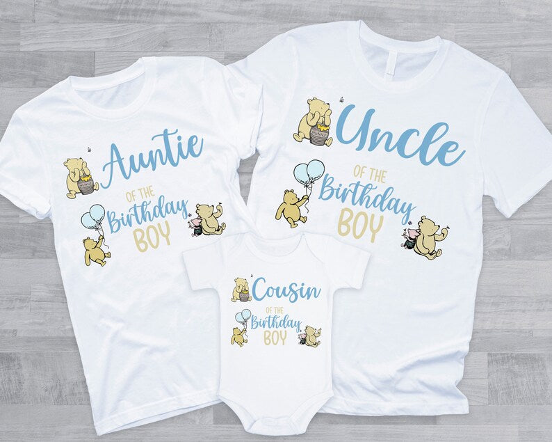 Classic Pooh Birthday Shirts - family of the birthday boy, vintage winnie the pooh, mom dad grandma brother, pooh hunny piglet
