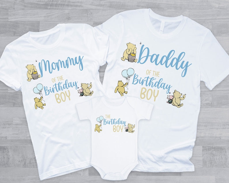 Classic Pooh Birthday Shirts - family of the birthday boy, vintage winnie the pooh, mom dad grandma brother, pooh hunny piglet