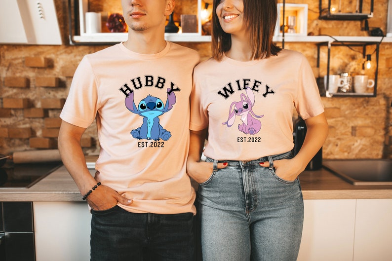 Stitch and Angel Couples Shirt, Wifey and Hubby Couples Matching Shirt, Disney Custom Couples Shirt, Bride and Groom Shirt, Custom Wifey Tee