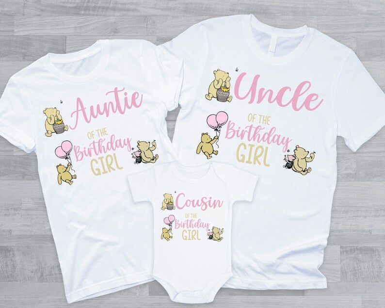 Classic Pooh Birthday Shirts - matching family of the birthday girl, vintage winnie the pooh, mom dad grandma brother, pooh hunny piglet,