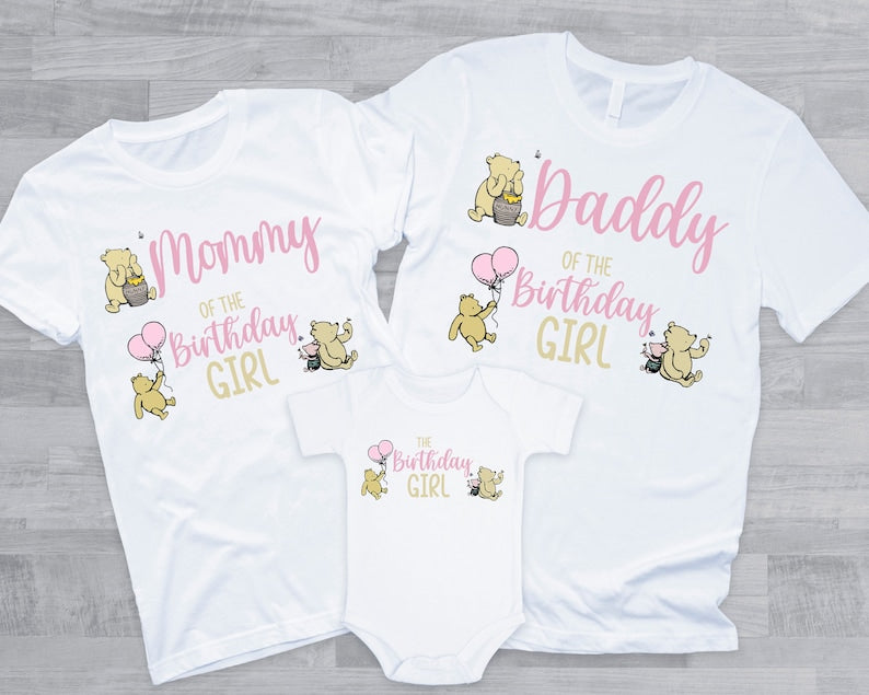 Classic Pooh Birthday Shirts - matching family of the birthday girl, vintage winnie the pooh, mom dad grandma brother, pooh hunny piglet,
