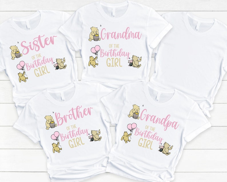 Classic Pooh Birthday Shirts - matching family of the birthday girl, vintage winnie the pooh, mom dad grandma brother, pooh hunny piglet,