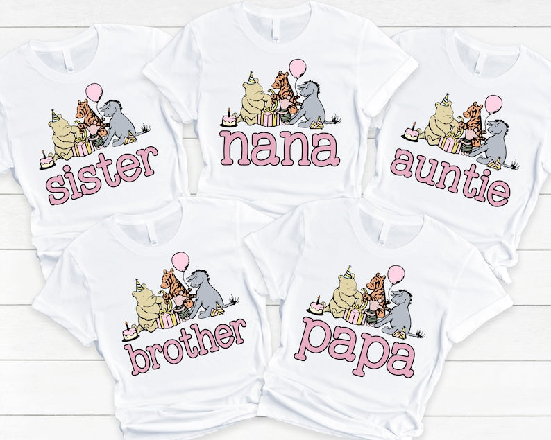 Classic Winnie the Pooh Birthday Shirts - matching family of the bday girl, vintage winnie pooh, mom dad grandma brother, pooh hunny piglet,