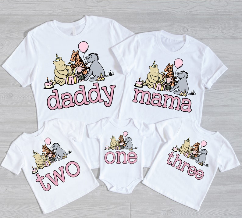 Classic Winnie the Pooh Birthday Shirts - matching family of the bday girl, vintage winnie pooh, mom dad grandma brother, pooh hunny piglet,