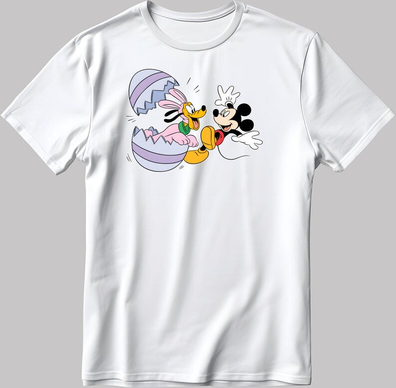 Pluto And Mickey Figure Short Sleeve White-Black Men's / Women's T Shirt N532