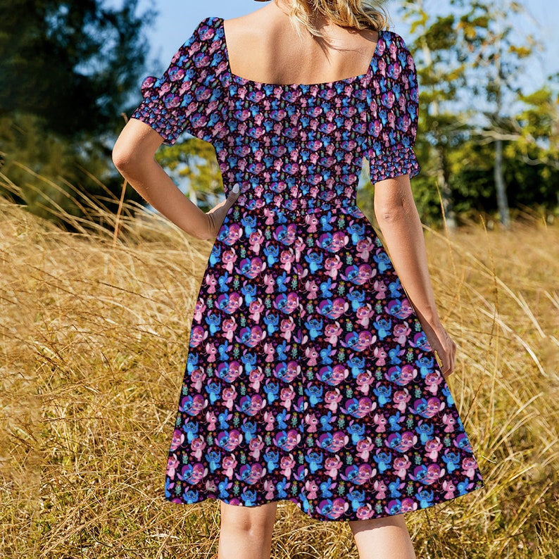 Disney Lilo And Stitch Angel Besties Women's Short Sleeve V-neck Knee-Length Dress