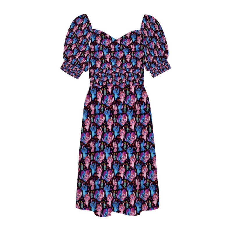 Disney Lilo And Stitch Angel Besties Women's Short Sleeve V-neck Knee-Length Dress