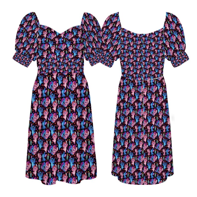 Disney Lilo And Stitch Angel Besties Women's Short Sleeve V-neck Knee-Length Dress