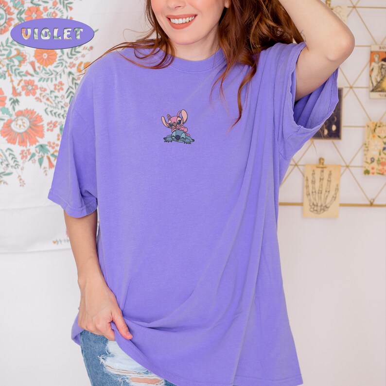 Embroidered Stitch And Angel Shirt, Disneyland Shirt, Disney Love Shirt, Best Couple Gift, Couple Shirt, Honeymoon Shirt, Comfort Colors Tee