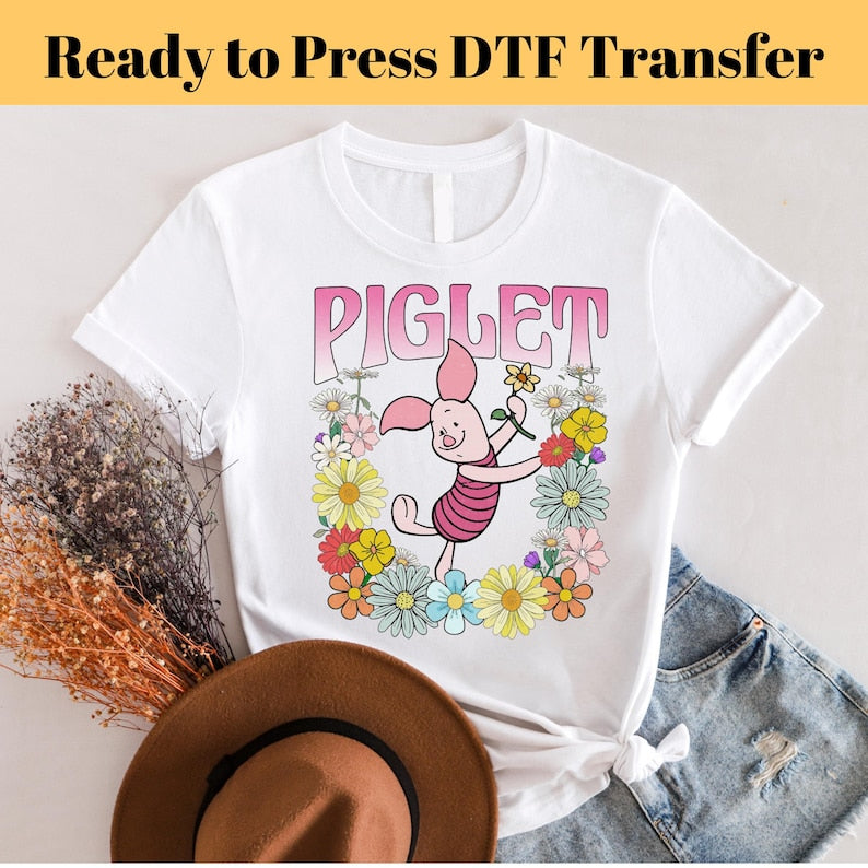 Piglet Floral DTF, Pooh and Co, Vintage Style, Disney, Ready to Press, Personalized DTF Transfer, Disney Gifts, Heat Press DTF Transfer,