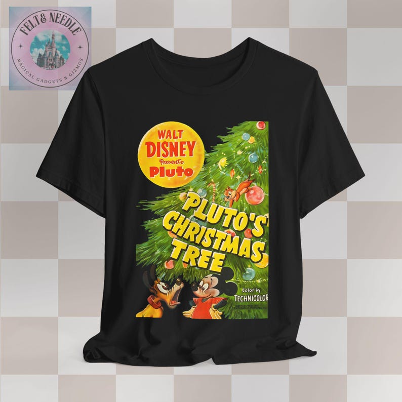 Vintage Movie Poster Unisex Tee, Walt Disney Pluto Christmas Tree Shirt, Retro Film Tshirt Gift, Holiday Movie Fan Top, Cute Dog Cartoon