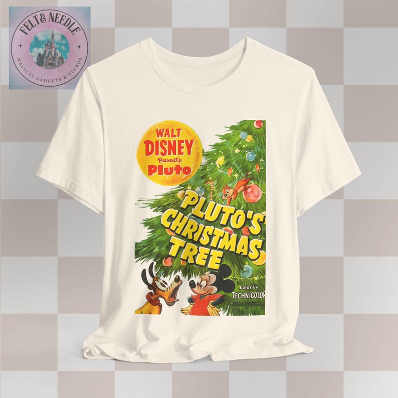Vintage Movie Poster Unisex Tee, Walt Disney Pluto Christmas Tree Shirt, Retro Film Tshirt Gift, Holiday Movie Fan Top, Cute Dog Cartoon