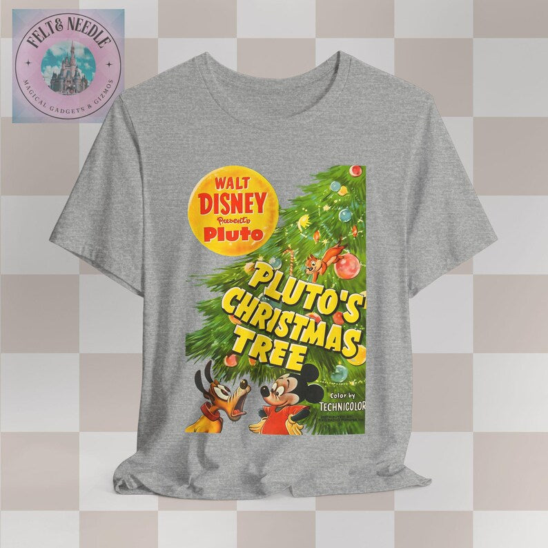 Vintage Movie Poster Unisex Tee, Walt Disney Pluto Christmas Tree Shirt, Retro Film Tshirt Gift, Holiday Movie Fan Top, Cute Dog Cartoon