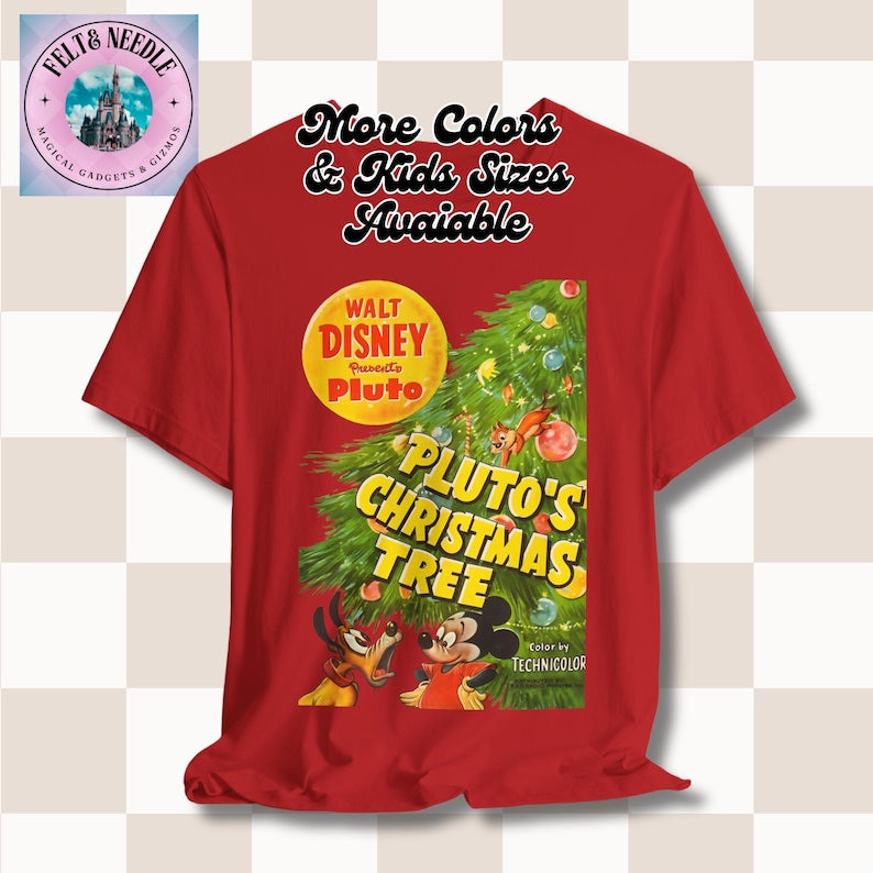 Vintage Movie Poster Unisex Tee, Walt Disney Pluto Christmas Tree Shirt, Retro Film Tshirt Gift, Holiday Movie Fan Top, Cute Dog Cartoon