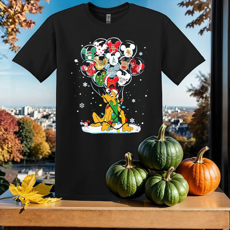 Cute Pluto With Balloon Christmas T-Shirt Tshirt T Shirt Hoodie Unisex Men Women Kids (S-5XL) | Gildan Top for Boys & Girls SY65