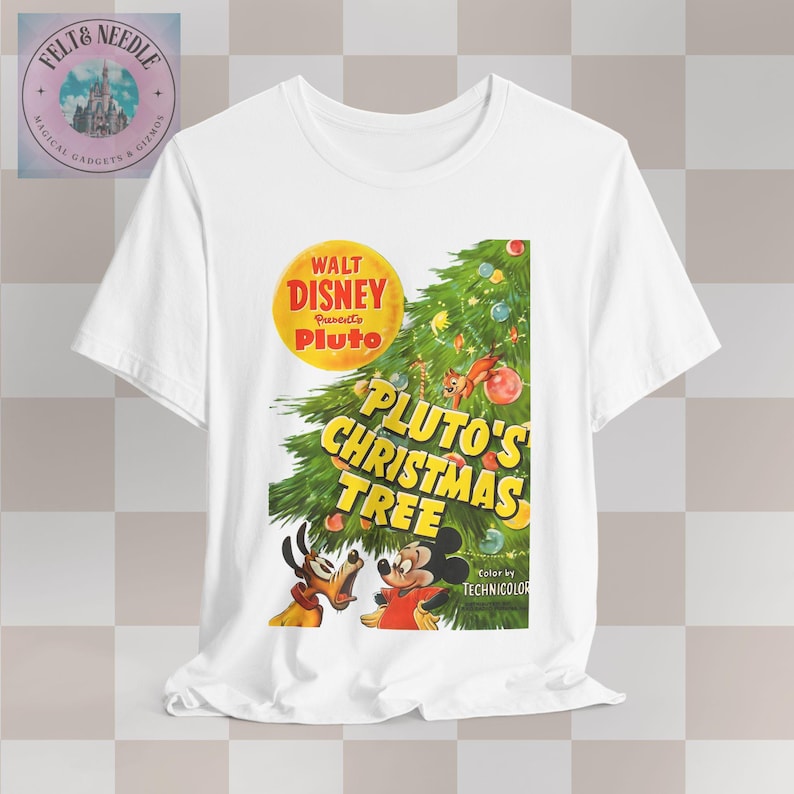 Vintage Movie Poster Unisex Tee, Walt Disney Pluto Christmas Tree Shirt, Retro Film Tshirt Gift, Holiday Movie Fan Top, Cute Dog Cartoon