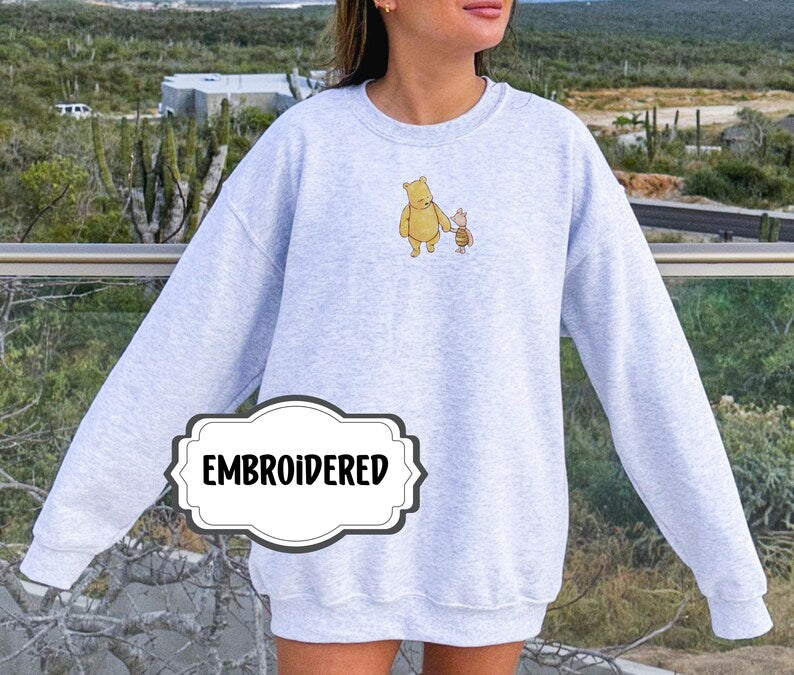 Embroidered Sweatshirt Classic Pooh Piglet Embroidery Gift for Classic Pooh or Classic Piglet Fan Cute Vintage Pullover for Women