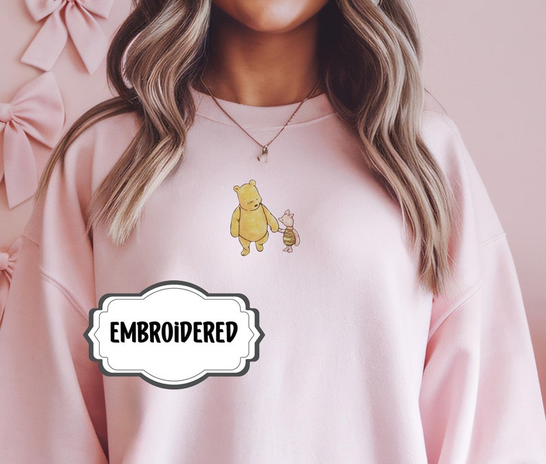 Embroidered Sweatshirt Classic Pooh Piglet Embroidery Gift for Classic Pooh or Classic Piglet Fan Cute Vintage Pullover for Women