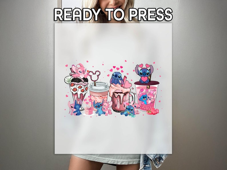 Stitch And Angel Ready to Press DTF, Valentines Day Print, Heat Press DTF Transfer, Disney Love Print, Disney Pink Vibe DTF, Disney Couple