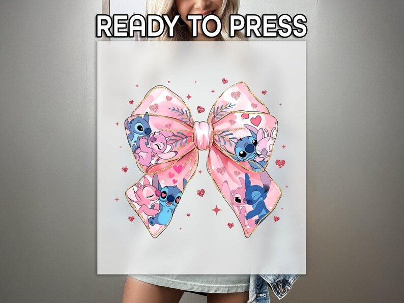 Angel And Stitch Love Ready to Press DTF, Faux Glitter Print, Heat Press DTF Transfer, Valentines Coquette Print, Valentine's Day DTF