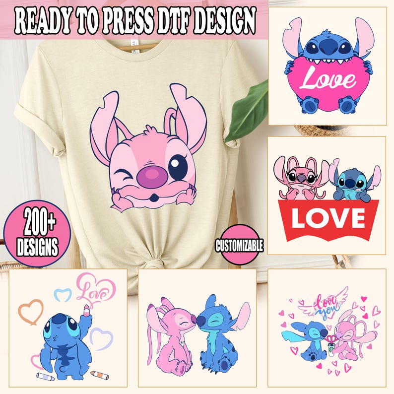 Stitch and Angel DTF Transfer, Disney Ready To Press, Valentine Heat Transfer, Disney DTF Transfer, Disney Stitch, Valentines Day DTF