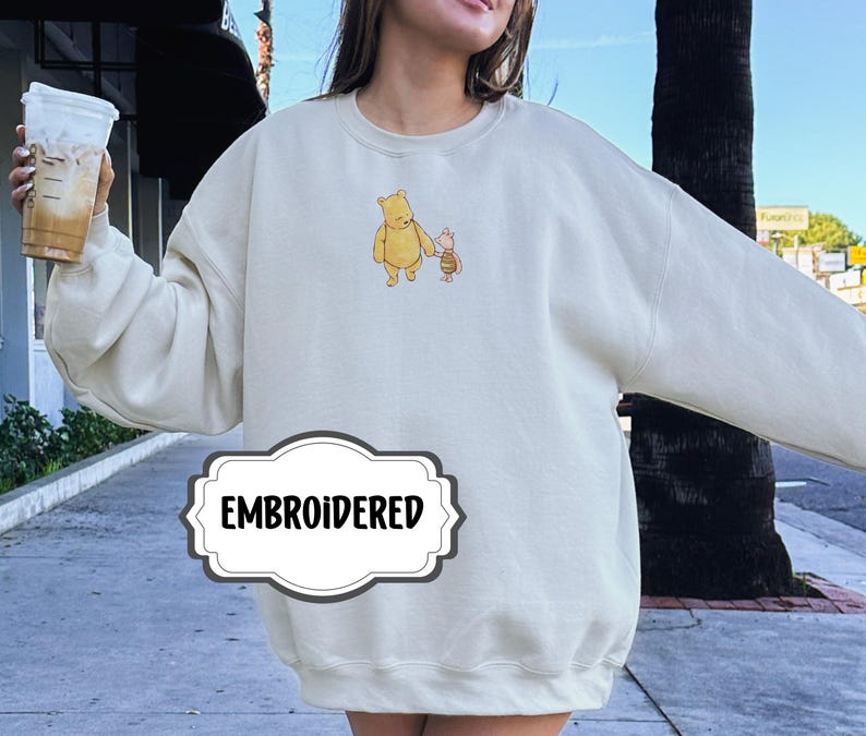 Embroidered Sweatshirt Classic Pooh Piglet Embroidery Gift for Classic Pooh or Classic Piglet Fan Cute Vintage Pullover for Women