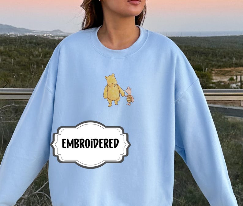Embroidered Sweatshirt Classic Pooh Piglet Embroidery Gift for Classic Pooh or Classic Piglet Fan Cute Vintage Pullover for Women
