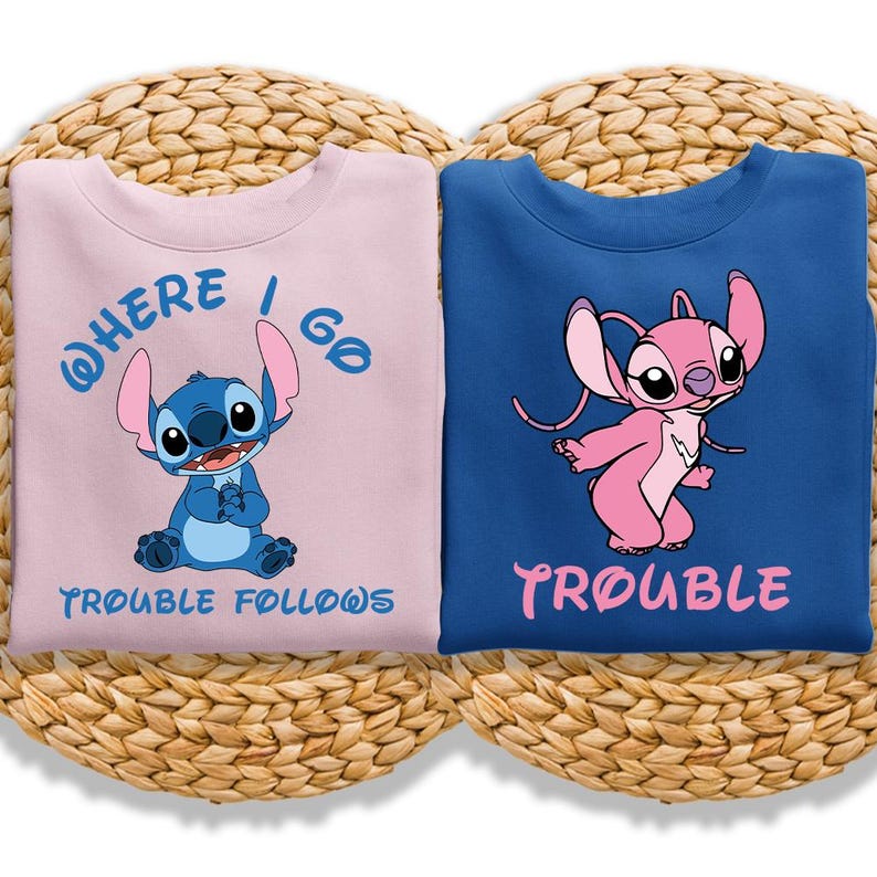 Disney Stitch and Angel Couple Shirt, Where I Go Trouble Follows Shirt, Disney Couple Matching Shirts, Disney Mr And Mrs Shirt