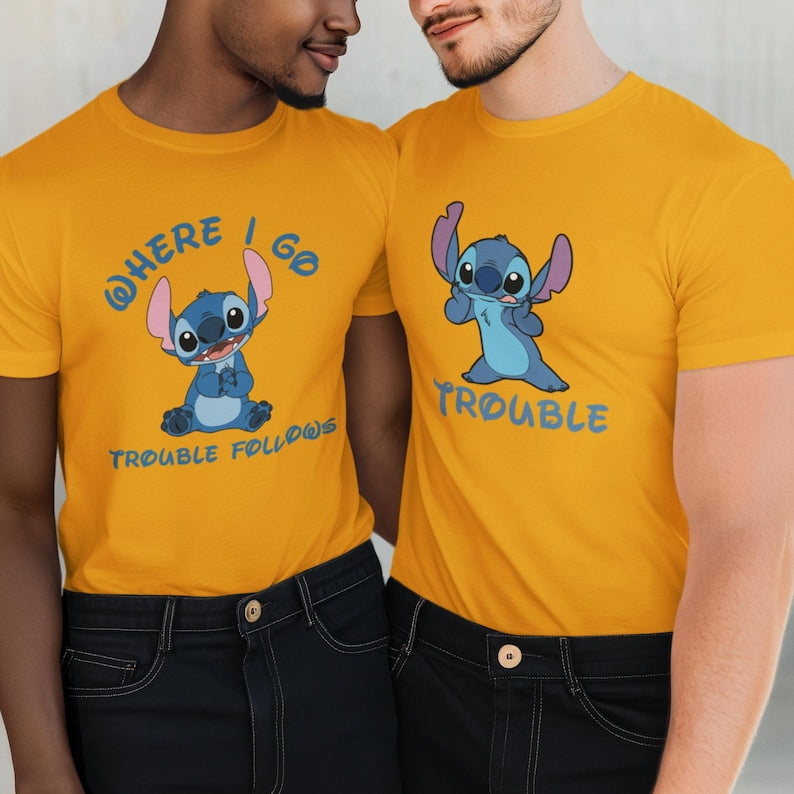 Disney Stitch and Angel Couple Shirt, Where I Go Trouble Follows Shirt, Disney Couple Matching Shirts, Disney Mr And Mrs Shirt