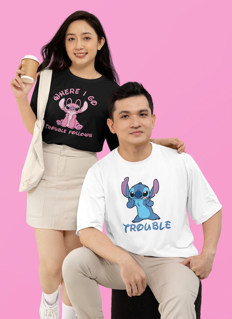 Disney Stitch and Angel Couple Shirt, Where I Go Trouble Follows Shirt, Disney Couple Matching Shirts, Disney Mr And Mrs Shirt