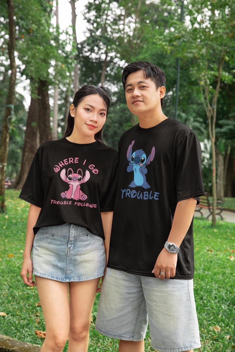 Disney Stitch and Angel Couple Shirt, Where I Go Trouble Follows Shirt, Disney Couple Matching Shirts, Disney Mr And Mrs Shirt
