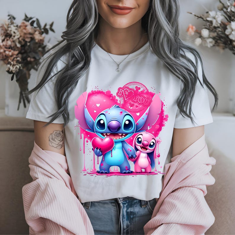 Stitch DTF I Love You, Stitch And Angel, Watercolor stitch, Stitch Couple, Angel Watercolor, DTF Transfer, Ready To Press, Direct to Film