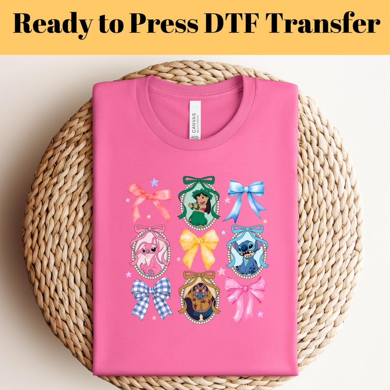 Disney Lilo And Stitch Coquette Bow DTF Transfer, Stitch DTF Transfer, Ready to Press, Disney Coquette Shirts,Stitch Angel Ribbon Dtf