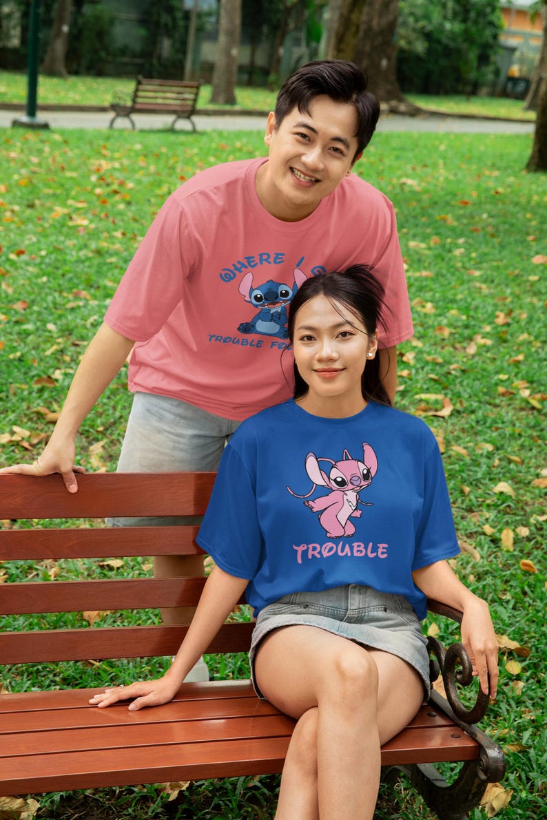 Disney Stitch and Angel Couple Shirt, Where I Go Trouble Follows Shirt, Disney Couple Matching Shirts, Disney Mr And Mrs Shirt