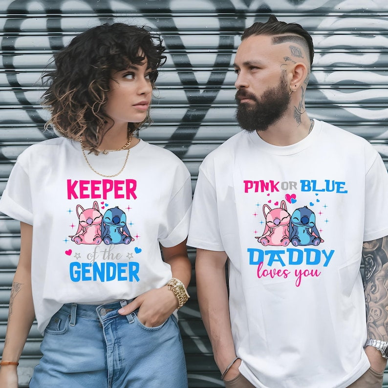 Custom Stitch Gender Reveal Shirt– Disney Baby Shower Tee– Pink or Blue Family Loves You– Cute Pregnancy Announcement Shirt–Team Boy or Girl