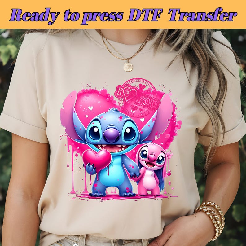 Stitch DTF I Love You, Stitch And Angel, Watercolor stitch, Stitch Couple, Angel Watercolor, DTF Transfer, Ready To Press, Direct to Film