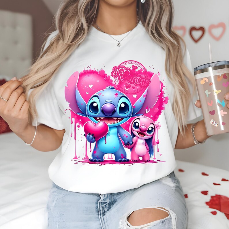 Stitch DTF I Love You, Stitch And Angel, Watercolor stitch, Stitch Couple, Angel Watercolor, DTF Transfer, Ready To Press, Direct to Film