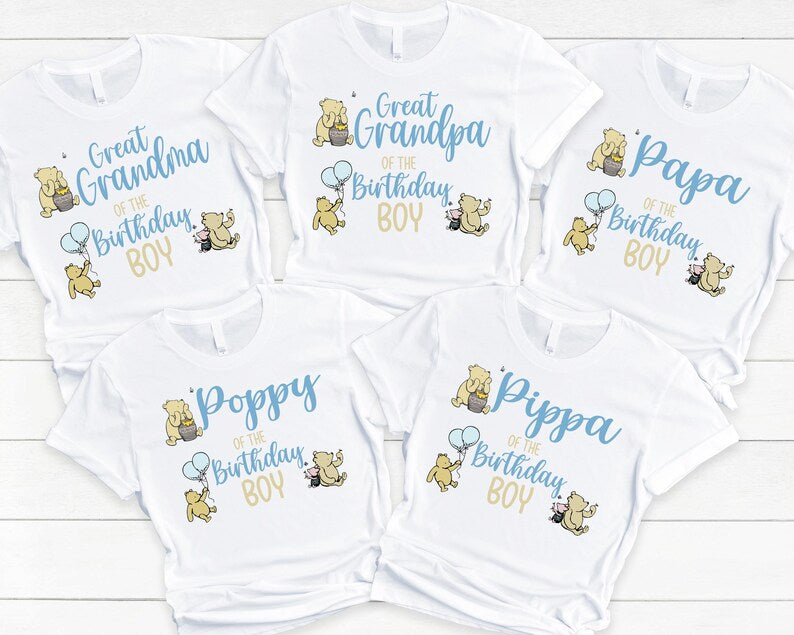 Classic Pooh Birthday Shirts - family of the birthday boy, vintage winnie the pooh, mom dad grandma brother, pooh hunny piglet