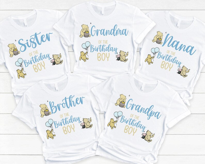 Classic Pooh Birthday Shirts - family of the birthday boy, vintage winnie the pooh, mom dad grandma brother, pooh hunny piglet