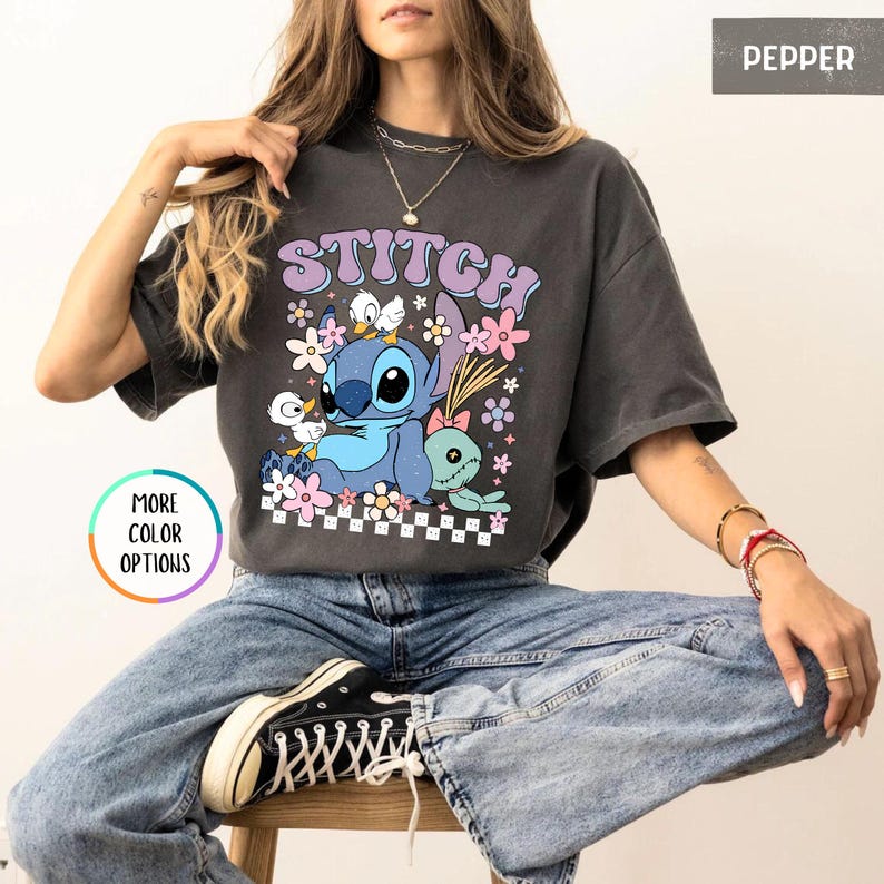 Comfort Colors Floral Stitch Shirt, Disney Stitch Shirt, Disneyland Vacation Shirt, Disney Ohana Family Tee, Girly Women Disney Trip Tee