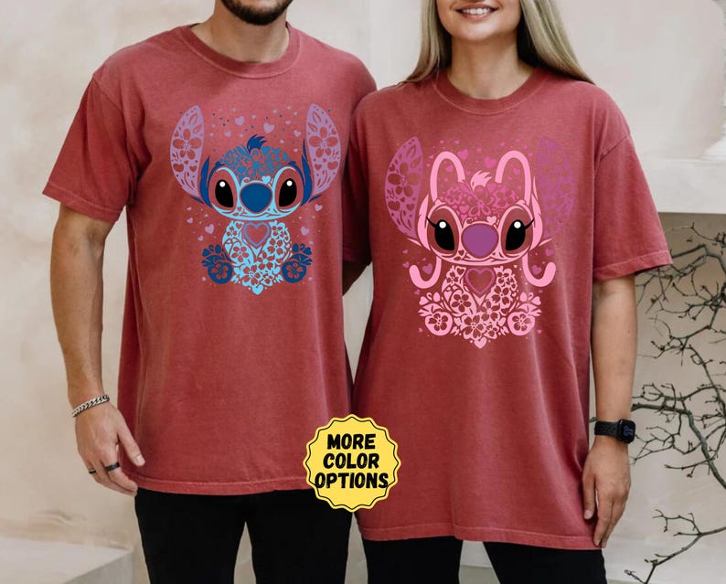 Comfort Colors® Stitch And Angel Couple Shirt, Anniversary Matching Valentine's Shirt, Disney Couple Gift, Disney Trip Couple Matching Shirt