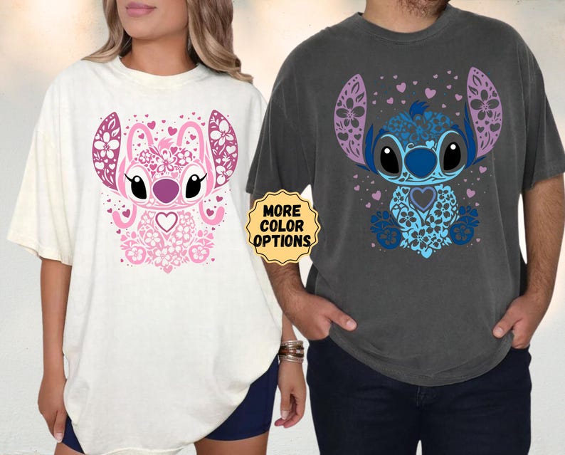 Comfort Colors® Stitch And Angel Couple Shirt, Anniversary Matching Valentine's Shirt, Disney Couple Gift, Disney Trip Couple Matching Shirt