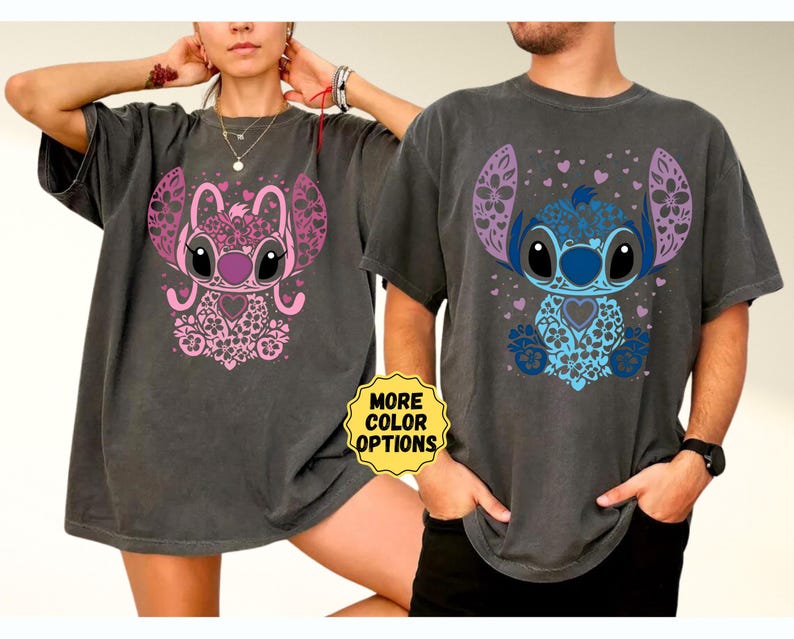 Comfort Colors® Stitch And Angel Couple Shirt, Anniversary Matching Valentine's Shirt, Disney Couple Gift, Disney Trip Couple Matching Shirt