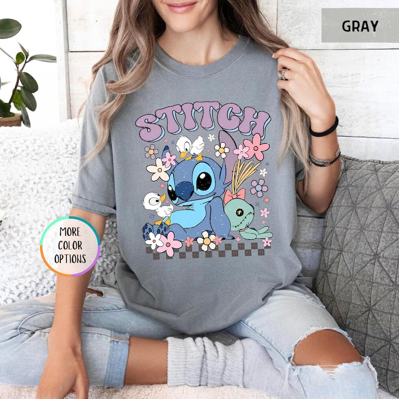 Comfort Colors Floral Stitch Shirt, Disney Stitch Shirt, Disneyland Vacation Shirt, Disney Ohana Family Tee, Girly Women Disney Trip Tee