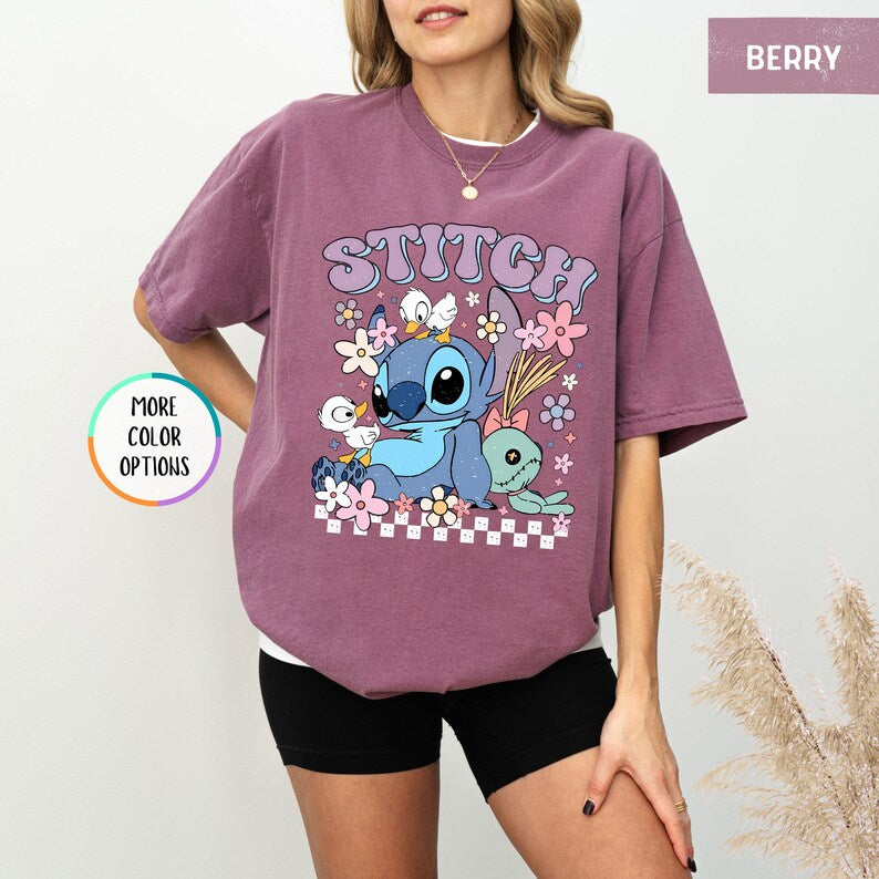 Comfort Colors Floral Stitch Shirt, Disney Stitch Shirt, Disneyland Vacation Shirt, Disney Ohana Family Tee, Girly Women Disney Trip Tee