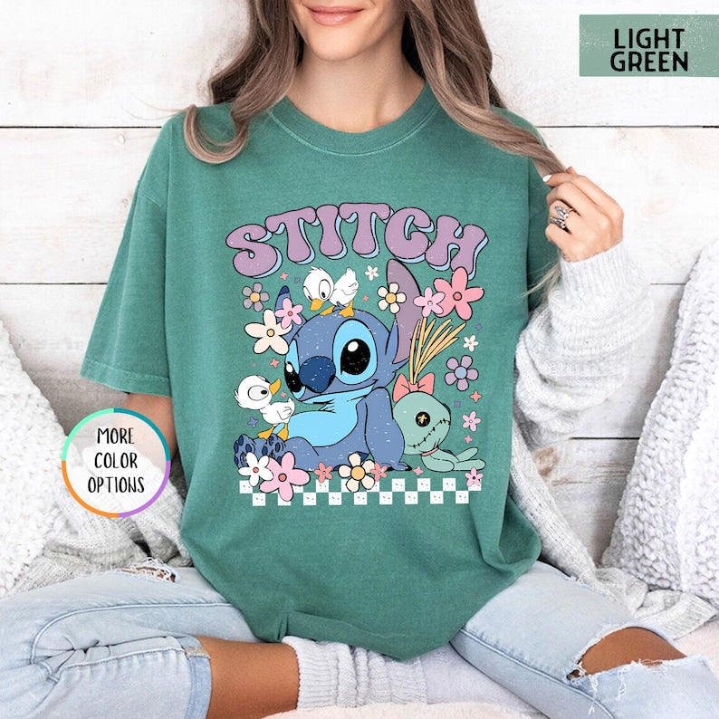 Comfort Colors Floral Stitch Shirt, Disney Stitch Shirt, Disneyland Vacation Shirt, Disney Ohana Family Tee, Girly Women Disney Trip Tee